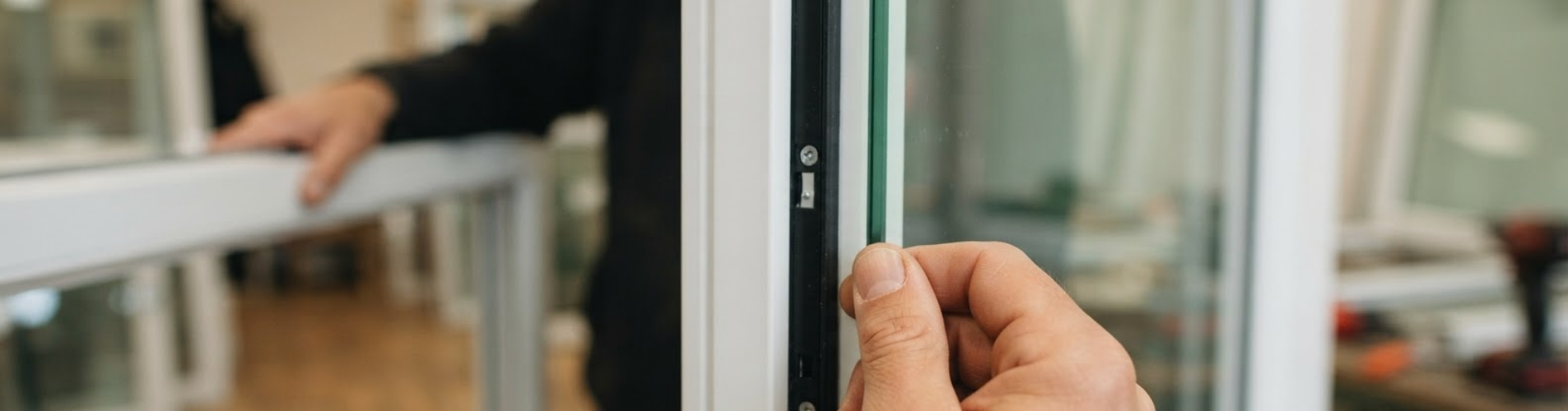 Detalle de una mano revisando el perfil, la junta y la zona de cierre de una ventana para valorar si el problema está en el conjunto y no solo en el vidrio.
