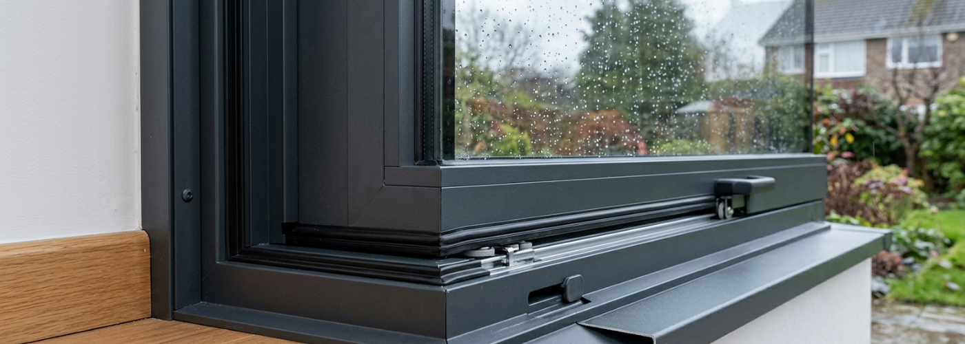 Detalle de una ventana con lluvia en el vidrio, donde el marco, la guía y el sistema de drenaje ayudan a proteger la vivienda frente al agua y mejorar el comportamiento del cerramiento.